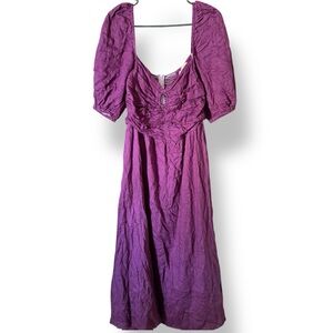 DISSH Purple Violet Linen Puff Sleeve O Ring Midi Dress